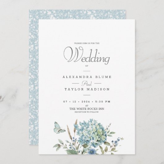 Blaue Botanische Bohemische Wasserfarbenhochzeit Einladung (Vorne/Hinten)