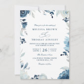 Blaue Botanische Florale QR-Code-Hochzeit  Einladung (Vorderseite)