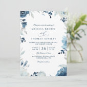 Blaue Botanische Florale QR-Code-Hochzeit  Einladung (Stehend Vorderseite)