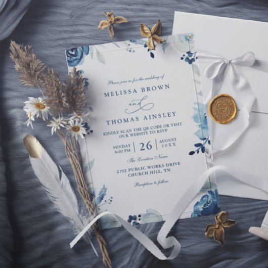 Blaue Botanische Florale QR-Code-Hochzeit  Einladung