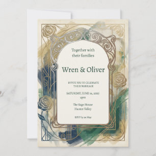 Blaue botanische goldene Art Nouveau Hochzeitseinl Einladung