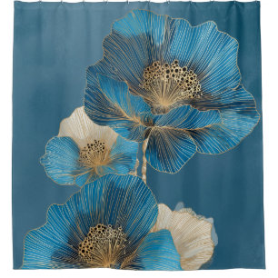 Blaue botanische Goldlinienkunst Mohnblumen floral Duschvorhang