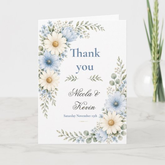 Blaue botanische Hochzeit Dankeskarte (Vorderseite)