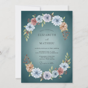 Blaue Botanische Hochzeit in Türkis Einladung