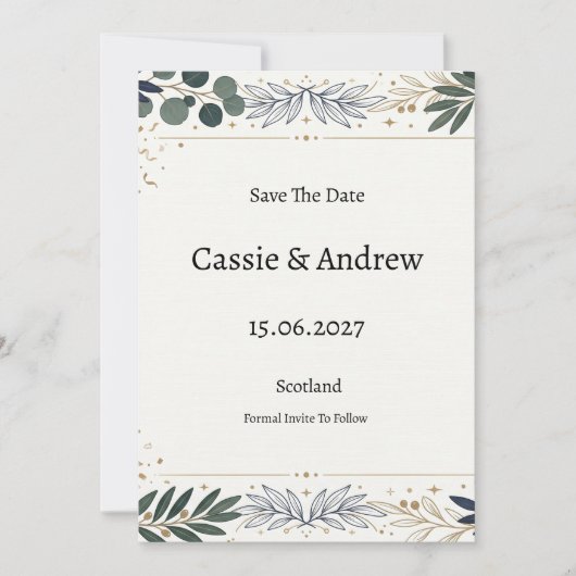 Blaue botanische Hochzeit Save The Date (Vorderseite)