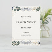 Blaue botanische Hochzeit Save The Date (Stehend Vorderseite)