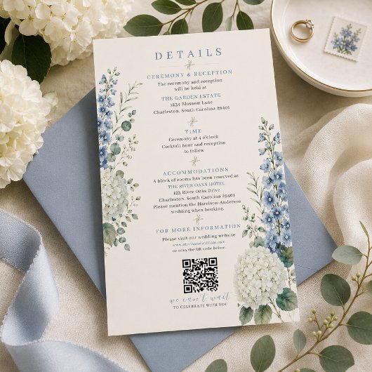 Blaue Botanische Hochzeits-Details Karte
