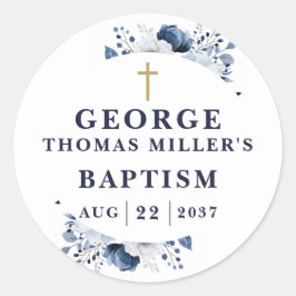 Blaue Botanische Moderne Taufe Runder Aufkleber