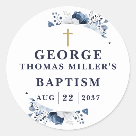 Blaue Botanische Moderne Taufe Runder Aufkleber (Vorderseite)
