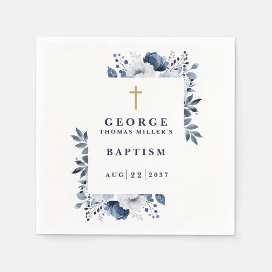 Blaue Botanische Moderne Taufe Serviette (Vorderseite)