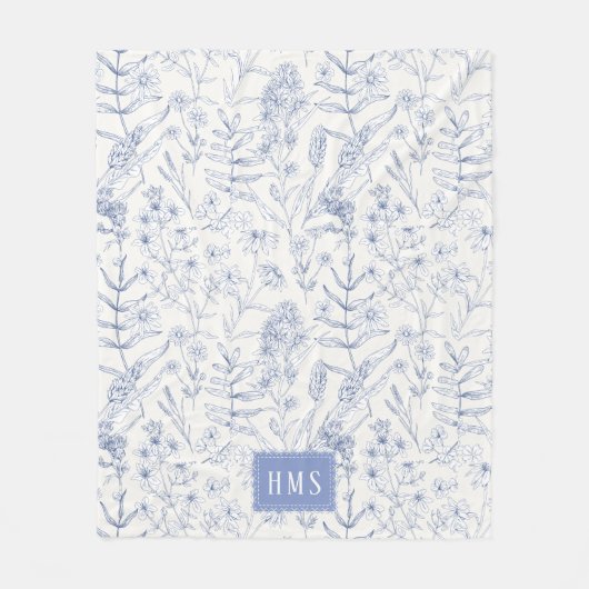 Blaue Botanische Monogramm-Wildblume Fleecedecke (Vorderseite)