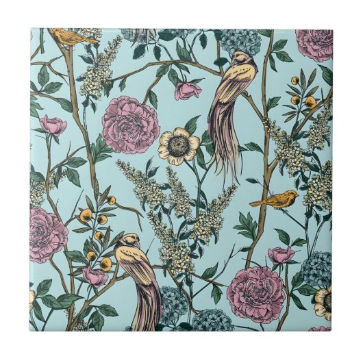 Blaue botanische Muster im Vintage-Stil Fliese (Vorderseite)