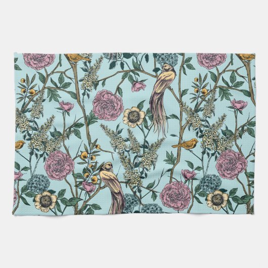 Blaue botanische Muster im Vintage-Stil Geschirrtuch (Horizontal)