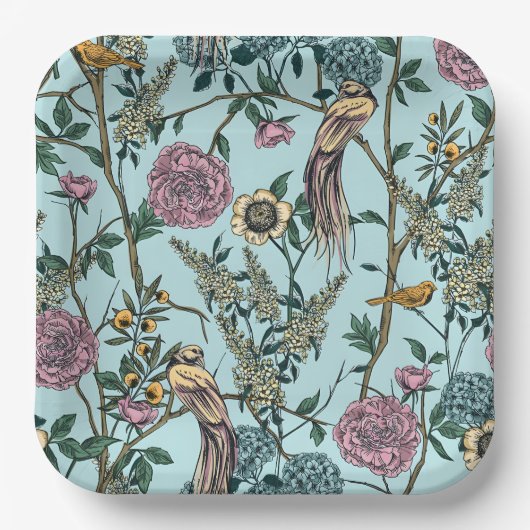 Blaue botanische Muster im Vintage-Stil Pappteller (Vorderseite)