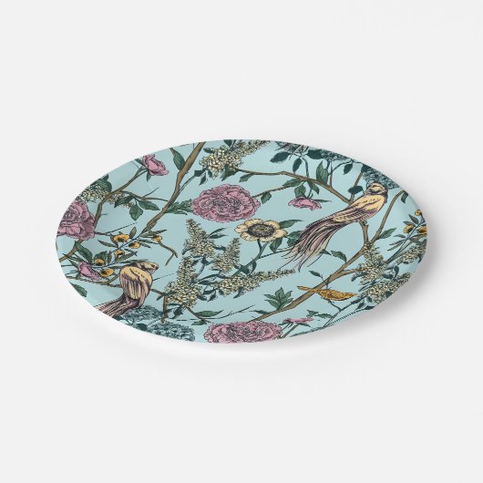 Blaue botanische Muster im Vintage-Stil Pappteller (Schrägansicht)