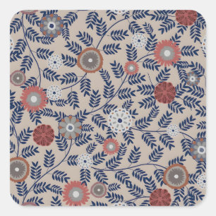 Blaue botanische Muster im Vintage-Stil quadratisc Quadratischer Aufkleber
