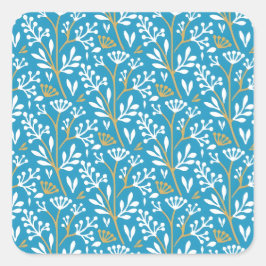 Blaue botanische Muster im Vintage-Stil quadratisc Quadratischer Aufkleber