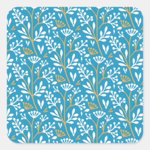 Blaue botanische Muster im Vintage-Stil quadratisc Quadratischer Aufkleber