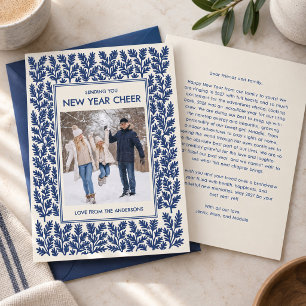 Blaue botanische Neujahrsfoto-Familienfoto-Druck Feiertagskarte