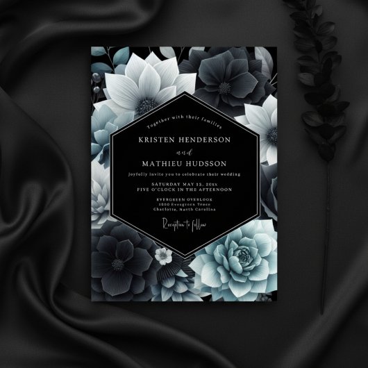 Blaue botanische opulente Hochzeit Einladung