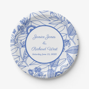Blaue Botanische Personalisierte Navy-Frame-Hochze Pappteller