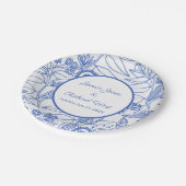 Blaue Botanische Personalisierte Navy-Frame-Hochze Pappteller (Schrägansicht)