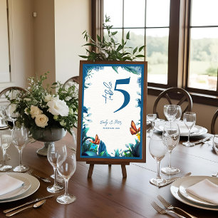 Blaue botanische Schmetterling-Hochzeitstisch-Numm Dankeskarte