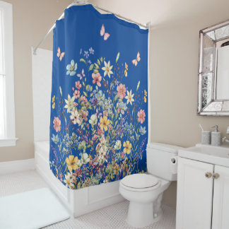 Blaue botanische Schmetterling und Floral Duschvorhang