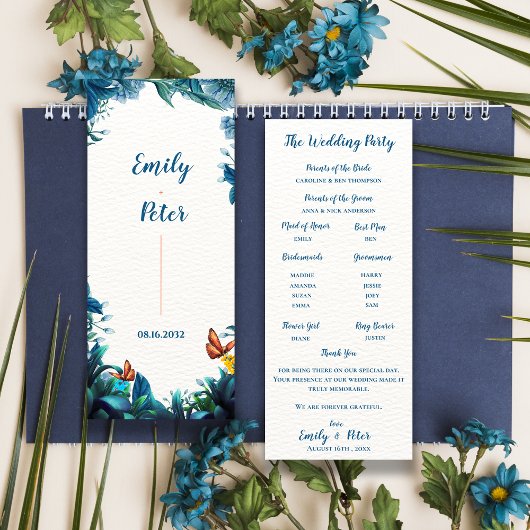 Blaue botanische Schmetterlings-Hochzeitsprogrammk Einladung