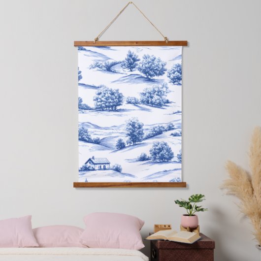 Blaue botanische Toile-Muster Wandteppich Mit Holzrahmen (Schlafzimmer)