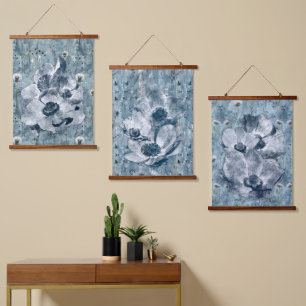 Blaue botanische Vintage-Illustration Wandteppich Mit Holzrahmen