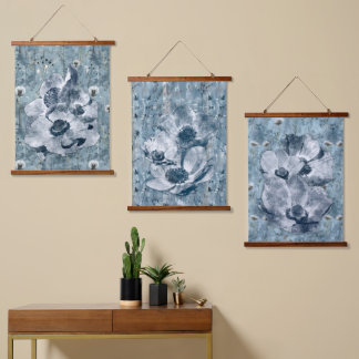 Blaue botanische Vintage-Illustration Wandteppich Mit Holzrahmen