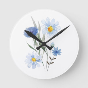 Blaue botanische Wildblumenbouquet Aquarell Runde Wanduhr