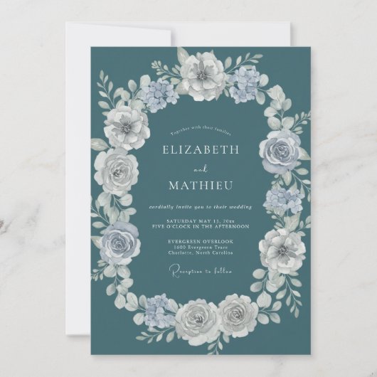 Blaue Botanische Winterhochzeit Einladung (Vorderseite)