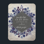 Blaue Botanische Ziegeleihen retten das Datum Magnet<br><div class="desc">Eine elegante rustikale Hochzeit bewahrt den Dattelmagnet mit einem botanisch blauen Blattdesign mit schwarz-weißem Backstein. Suchen Sie nach passenden Hochzeitseinladungen und anderen passenden Gegenständen in Jill's Paperie.</div>