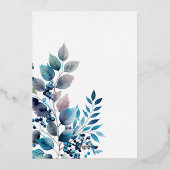 Blaue botanische Zweige Hochzeit Dunkel Folieneinladung (Rückseite)