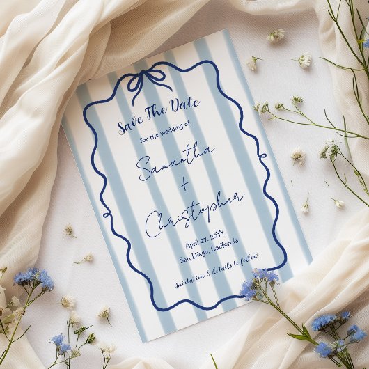 Blaue Bow Wavy Frame Whimsical Wedding Save The Date