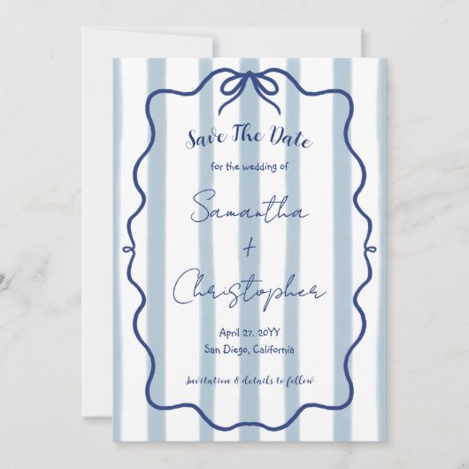 Blaue Bow Wavy Frame Whimsical Wedding Save The Date (Vorderseite)