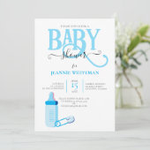 BLAUE BOY BABY DUSCHE MIT BABYFLASCHE EINLADUNG (Stehend Vorderseite)