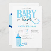 BLAUE BOY BABY DUSCHE MIT BABYFLASCHE EINLADUNG (Vorne/Hinten)