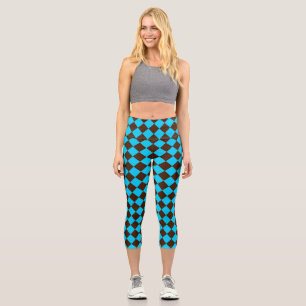 Blaue braune Diamant-Schachbrettmuster Capri Leggings