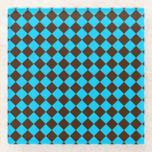 Blaue braune Diamant-Schachbrettmuster Glasuntersetzer