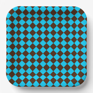 Blaue braune Diamant-Schachbrettmuster Pappteller