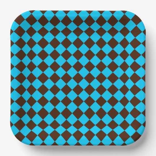 Blaue braune Diamant-Schachbrettmuster Pappteller (Vorderseite)