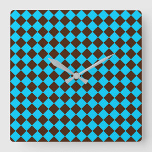 Blaue braune Diamant-Schachbrettmuster Quadratische Wanduhr