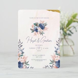 Blaue braune einfache Floralrahmen-Aquarell-Hochze Einladung