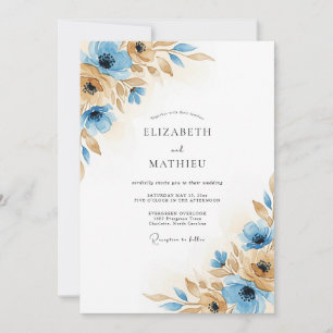 Blaue Braune Herbstblüten Hochzeit Einladung