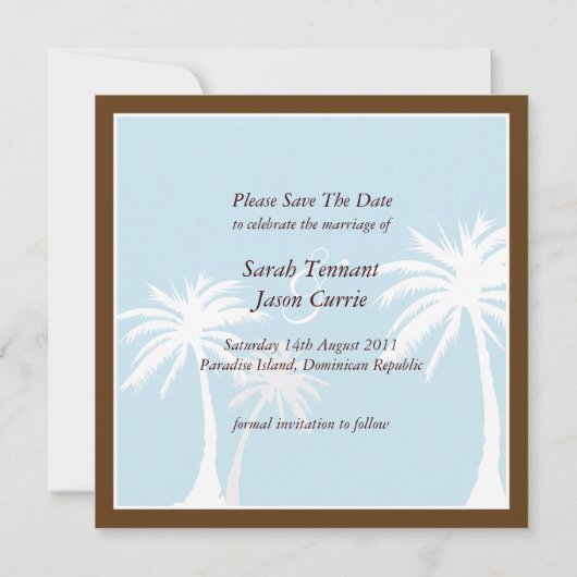 Blaue/braune Palmenbaume Hochzeit Sichern Sie das Save The Date (Rückseite)