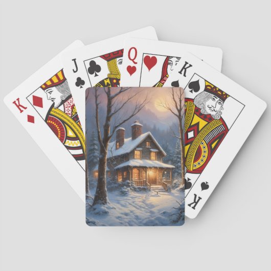 Blaue braune rustikale Winterhütte Schnee Malerei Spielkarten (Rückseite)