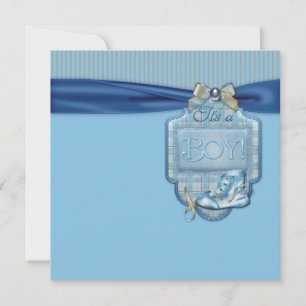 Blaue braune Vintage-Jungenschuh-Baby-Shower-Einla Einladung